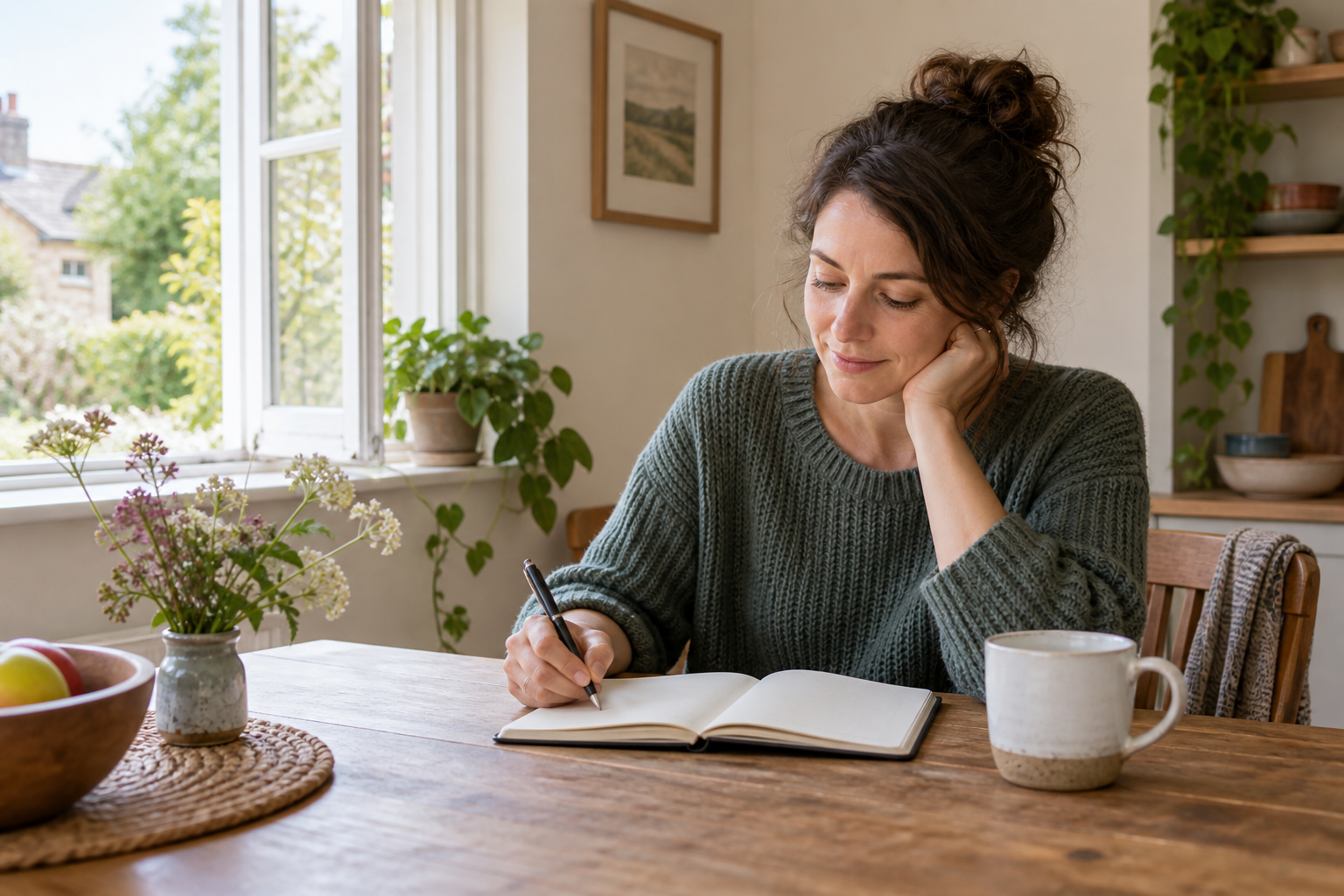 An adult making space to plan in a notebook beside a sunlit window
